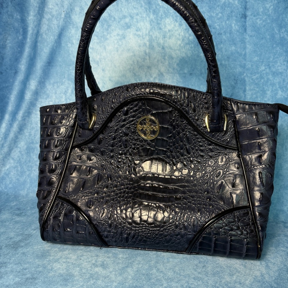 Stauer Navy Croc Embossed Faux Leather Satchel Tote Shoulder Handbag Purse